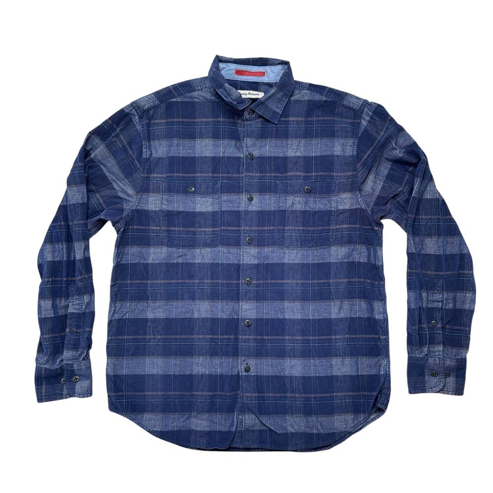 TOMMY BAHAMA Lightweight Corduroy Plaid Blue Button Up Shirt Size Medium Cotton
